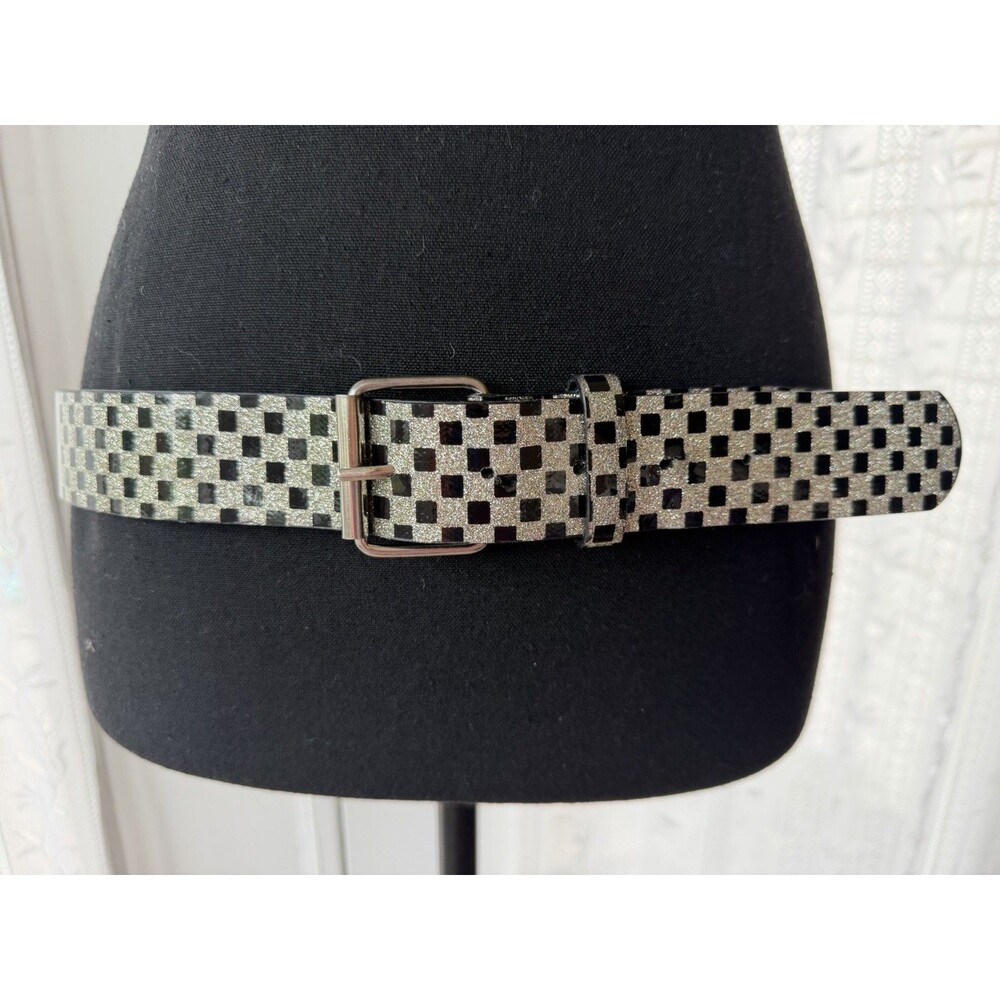 Women’s Checkerboard Ska Punk Belt Size Large Black Silver Glitter Buckle Y2K